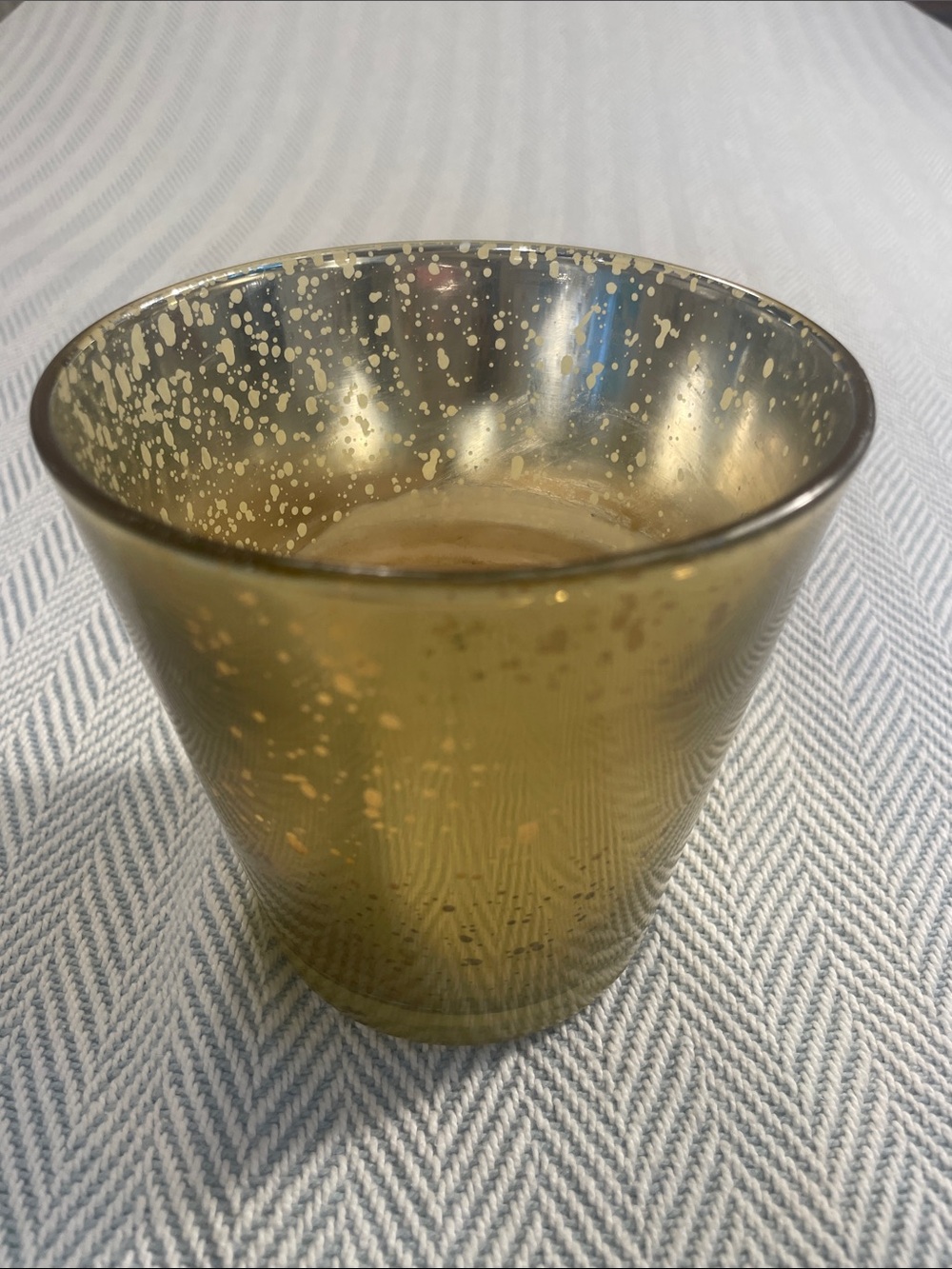 WOODWICK CANDLE IN Mercury Glass Antique Gold Holder. 4 1/2” H X 4 1/8”W USED